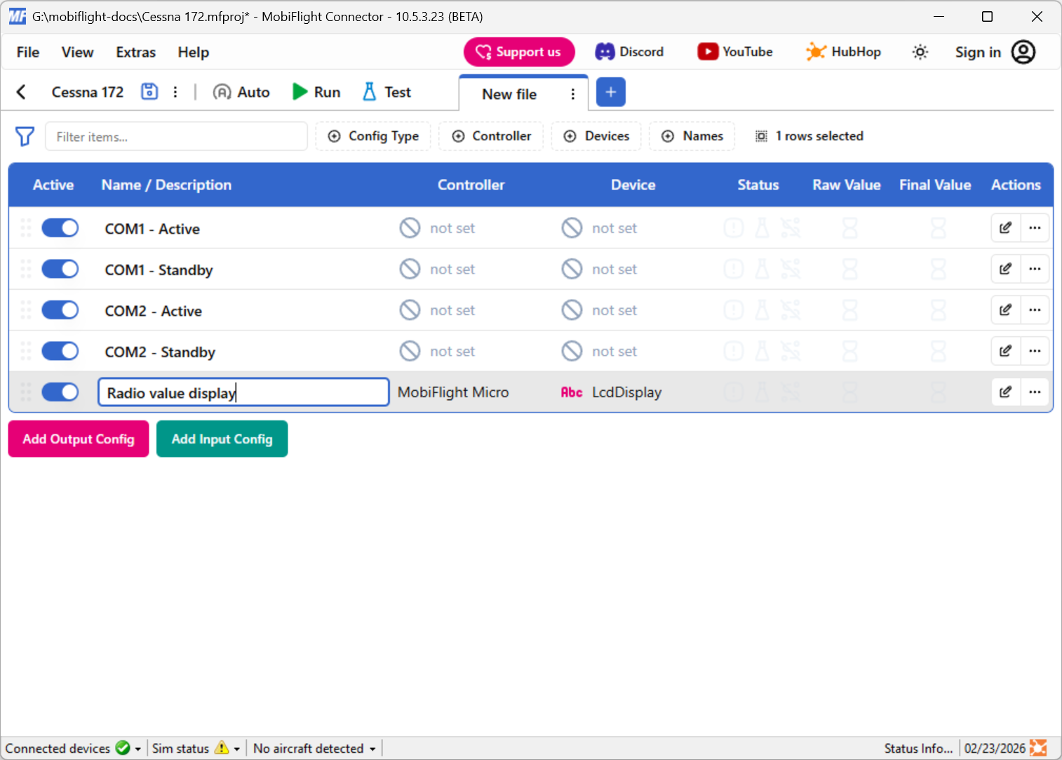 Screenshot of the main window with Radio value display entered as a custom name.