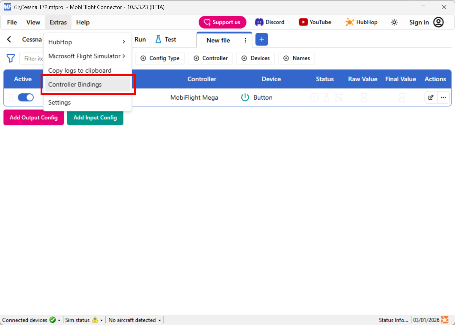 Screenshot of an open project file with the Extras > Controller Bindings menu item highlighted.