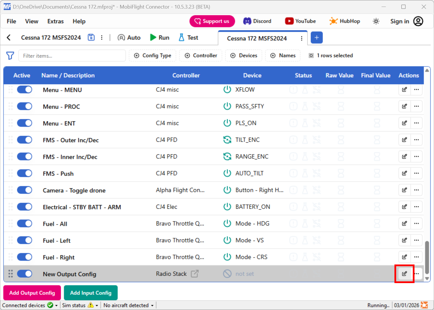 Screenshot of the main window with the edit config icon for the New Output Config row highlighted.