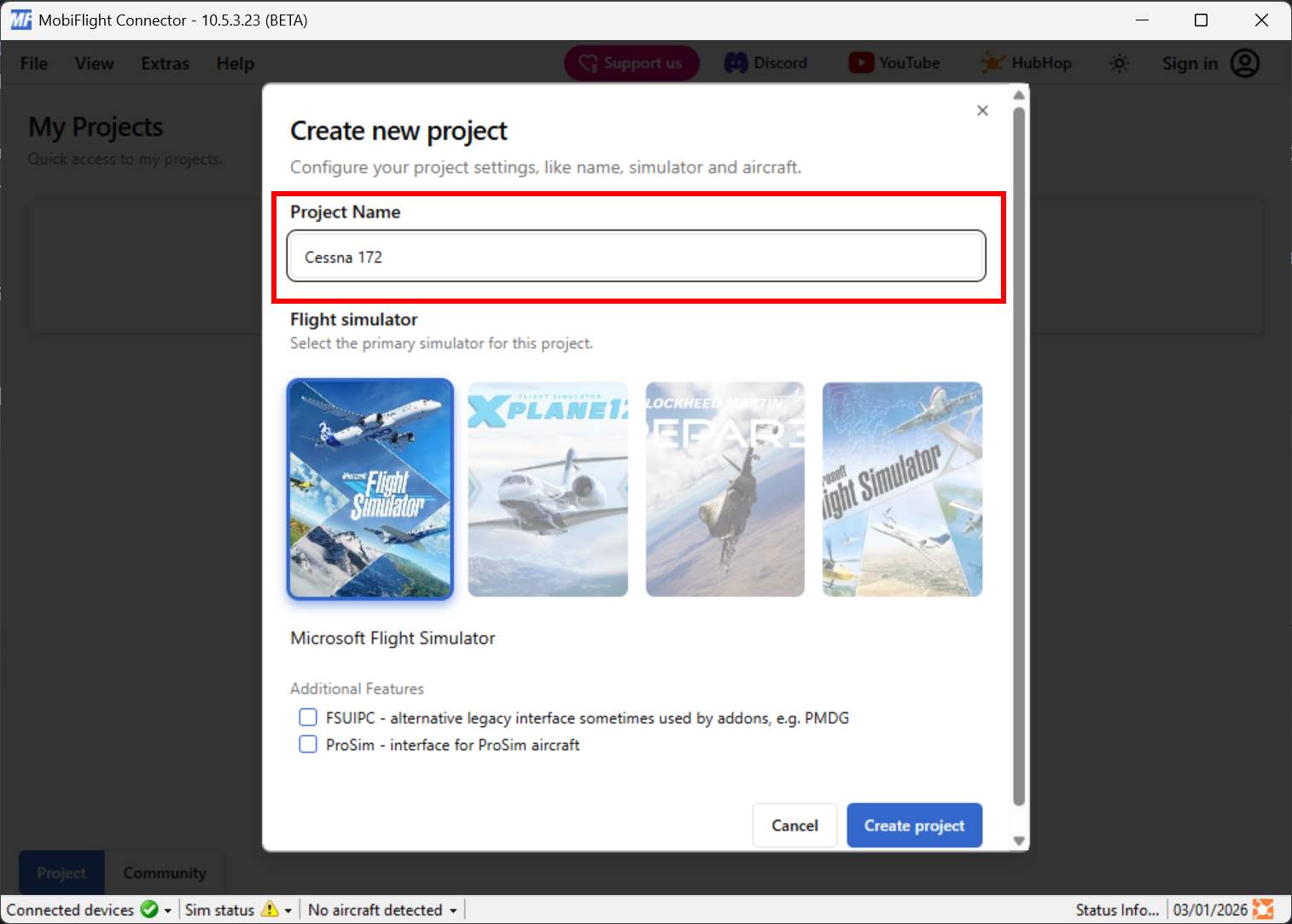 Screenshot of the new project dialog with Cessna 172 entered as the project name and highlighted.