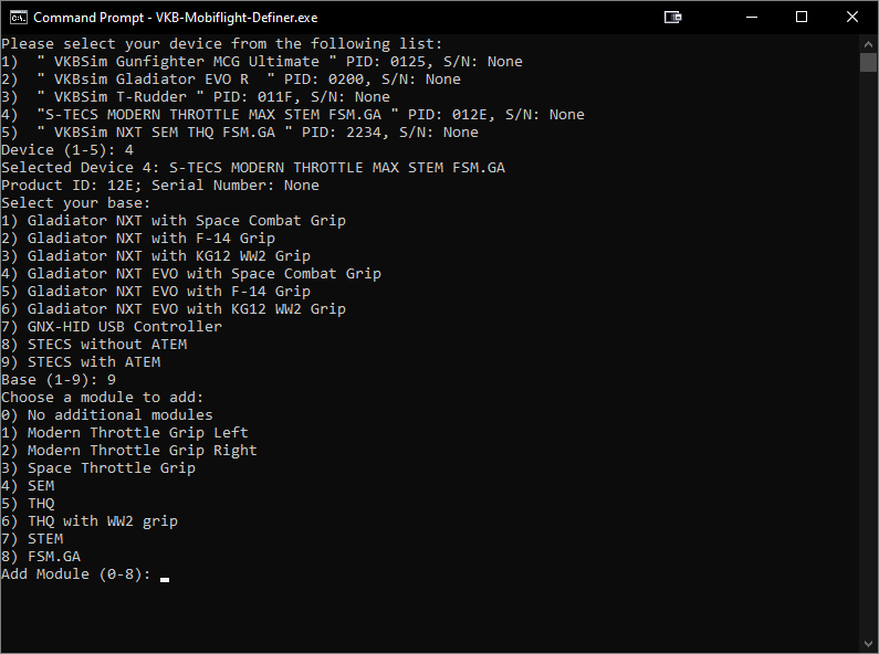 List of modules as shown in definer tool.