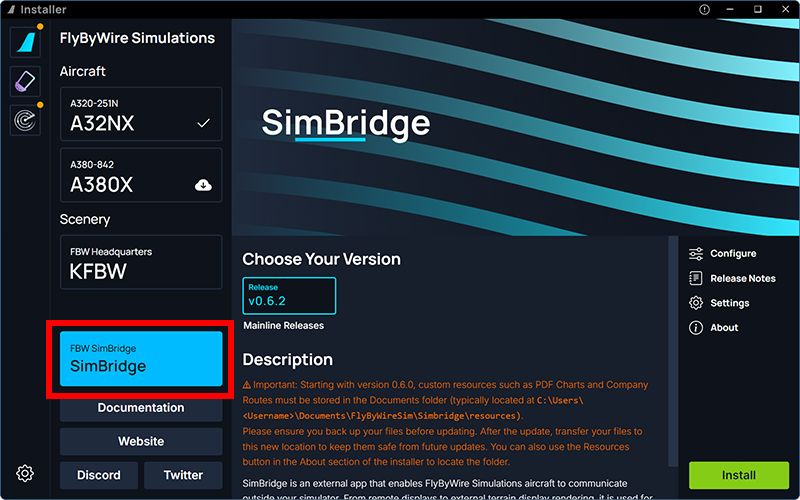 Screenshot of the FlyByWire installer with the FBW SimBridge feature highlighted.