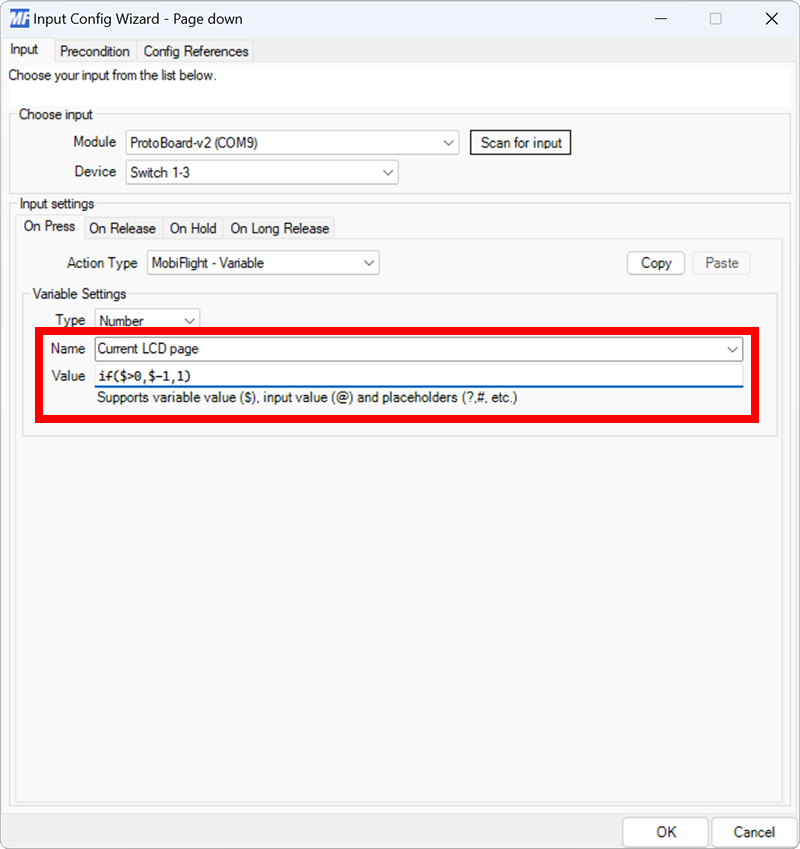 Screenshot of an input configuration mapped to a button, configured as a MobiFlight - Variable action type.