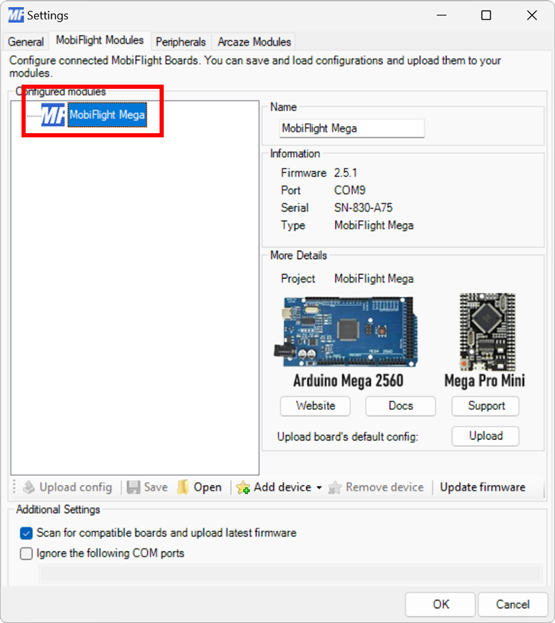 Screenshot of the MobiFlight Modules dialog with a MobiFlight Mega board selected.