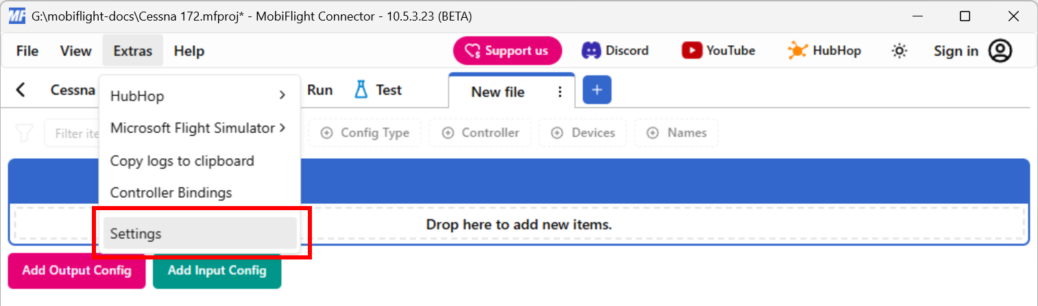 Screenshot of the Extras menu with the Settings menu item selected.